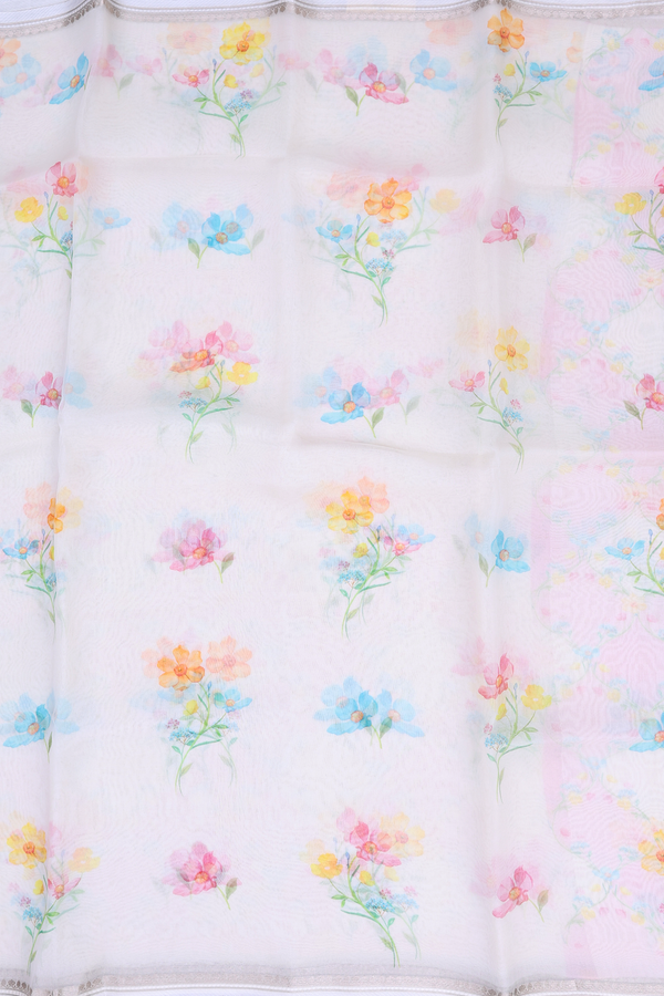 Organza Silk Saree In White With Floral Printed Design