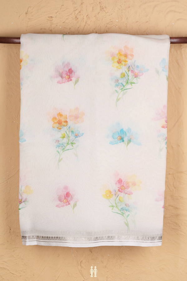 Organza Silk Saree In White With Floral Printed Design