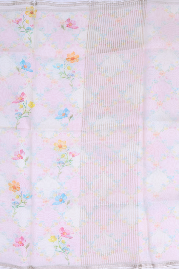 Organza Silk Saree In White With Floral Printed Design