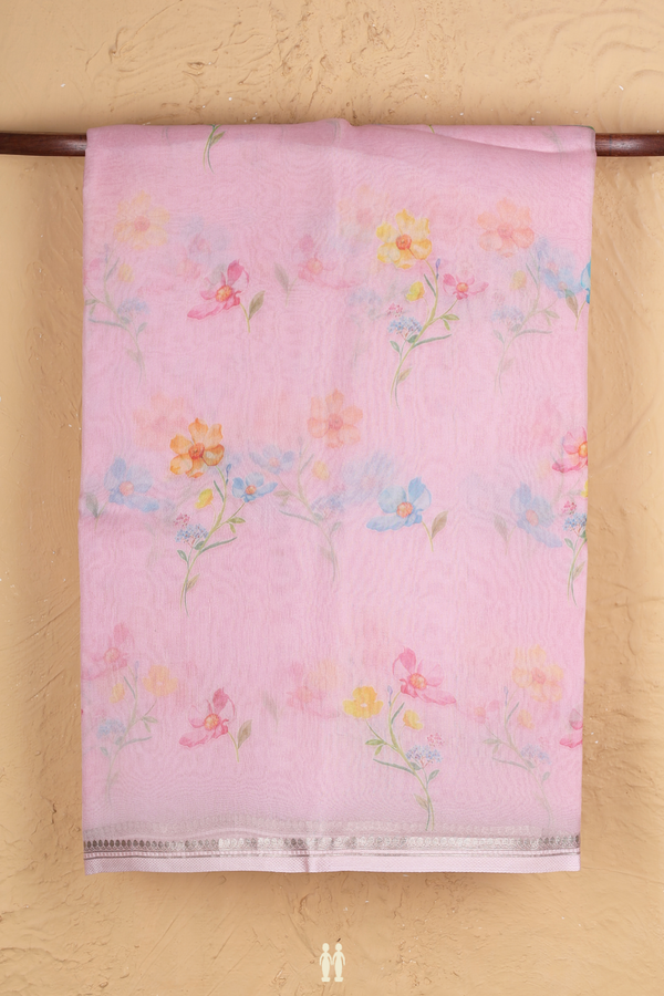Organza Silk Saree In Pink With Floral Printed Design