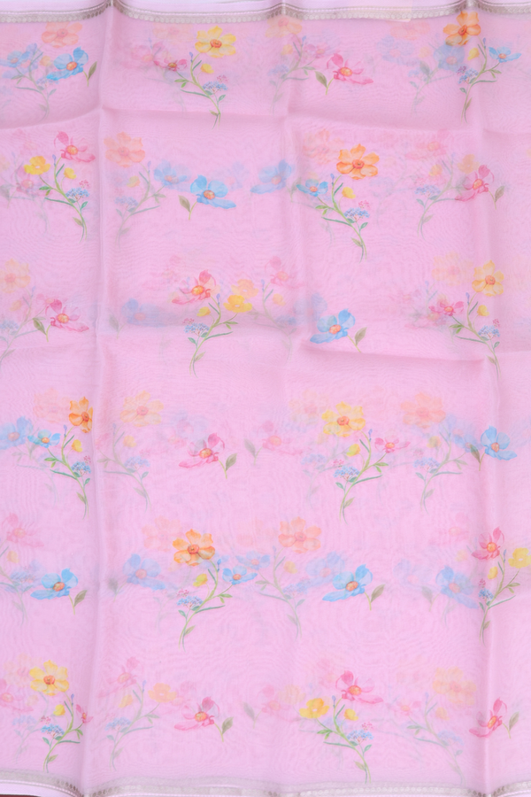 Organza Silk Saree In Pink With Floral Printed Design