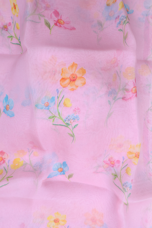 Organza Silk Saree In Pink With Floral Printed Design