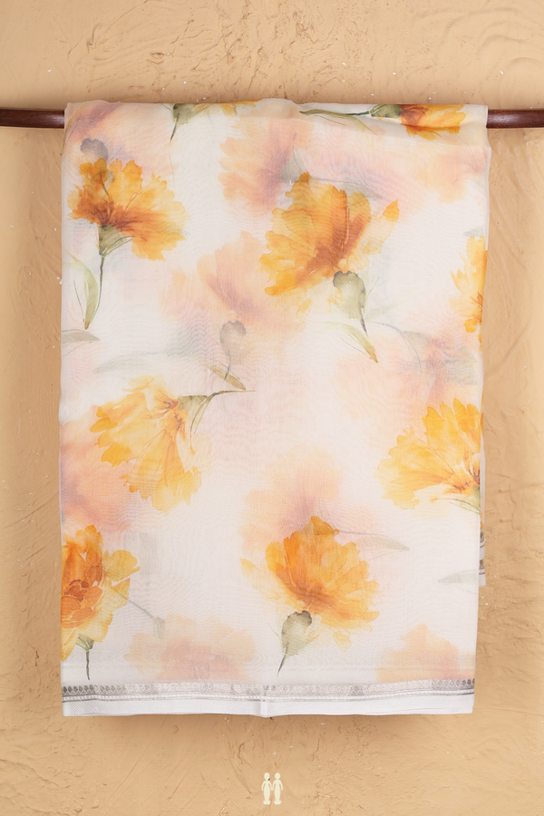 Organza Silk Saree In White With Floral Printed Design