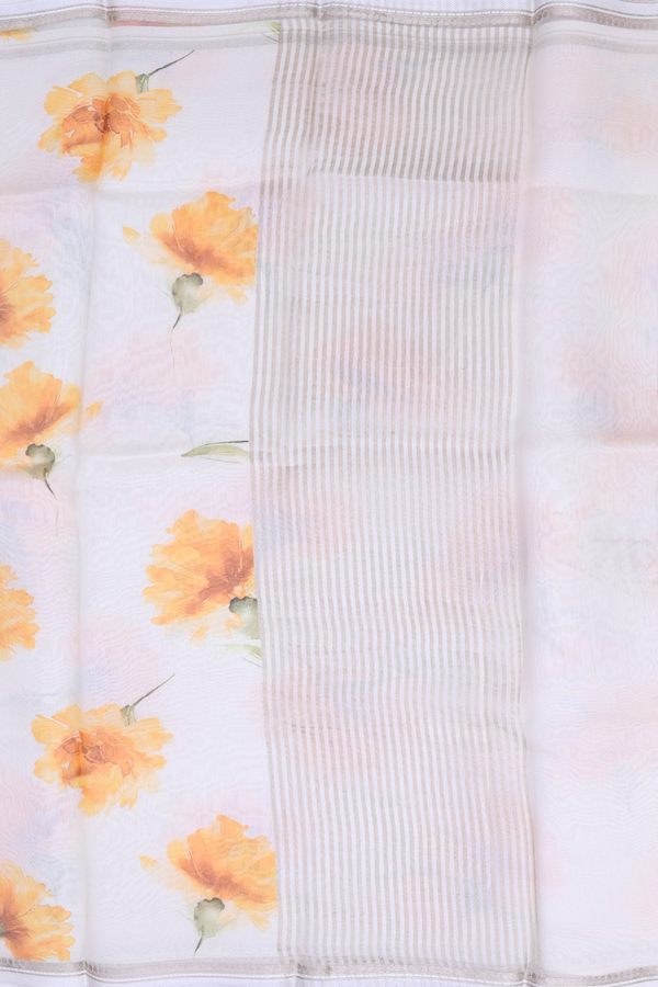Organza Silk Saree In White With Floral Printed Design