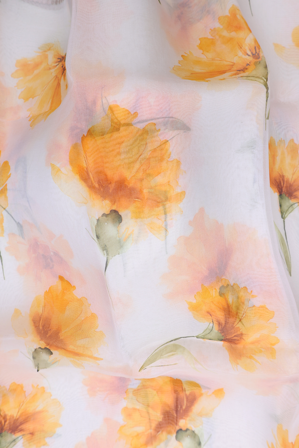 Organza Silk Saree In White With Floral Printed Design