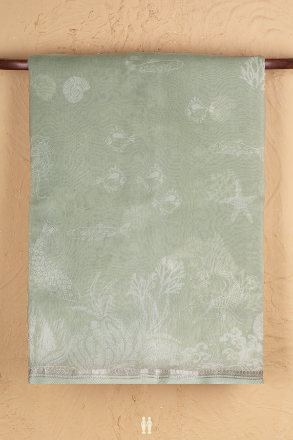 Organza Silk Saree In Dusty Green With Fish Design