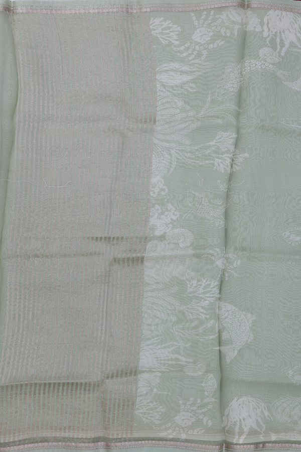Organza Silk Saree In Dusty Green With Fish Design