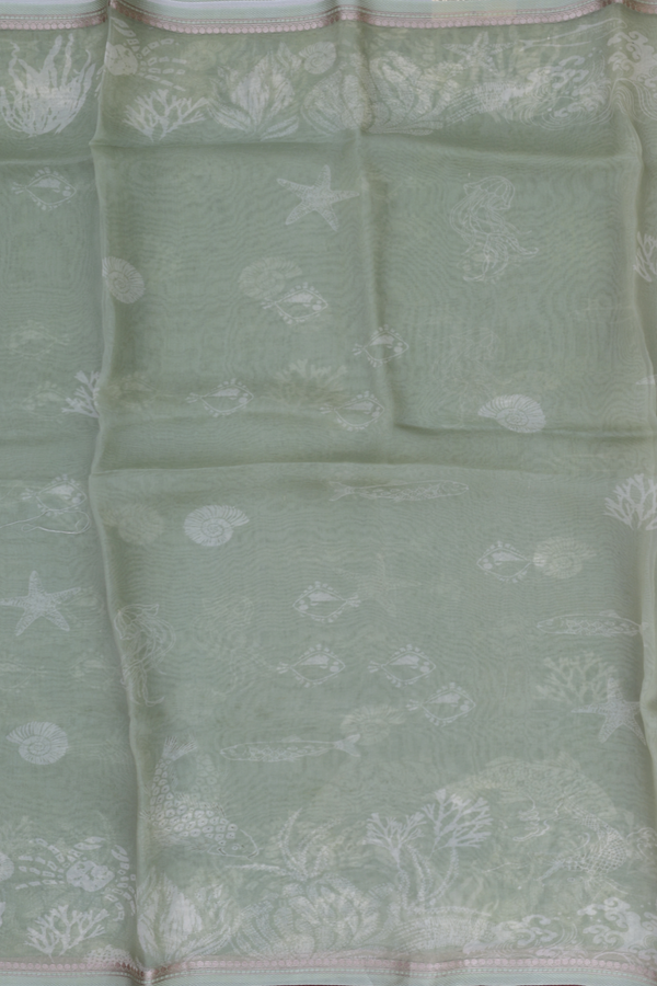 Organza Silk Saree In Dusty Green With Fish Design