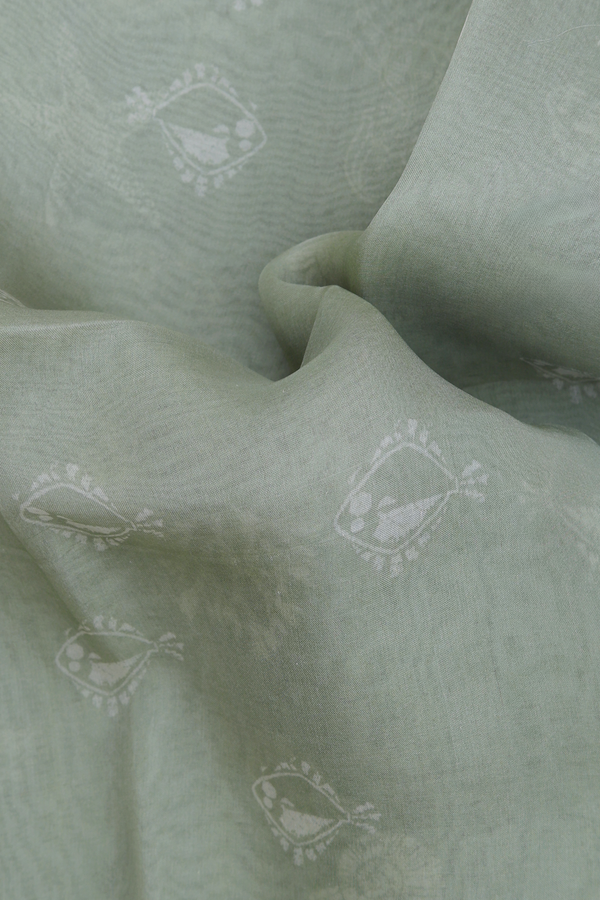 Organza Silk Saree In Dusty Green With Fish Design
