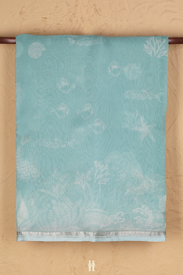 Organza Silk Saree In Turkish Blue With Fish Design