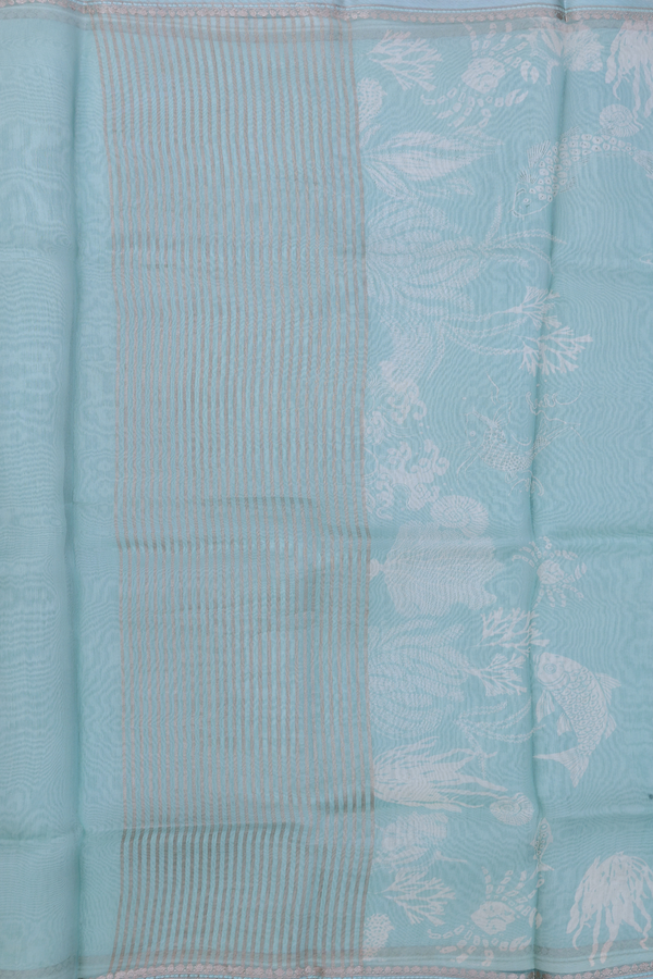 Organza Silk Saree In Turkish Blue With Fish Design