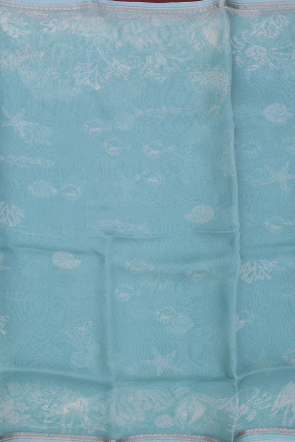 Organza Silk Saree In Turkish Blue With Fish Design
