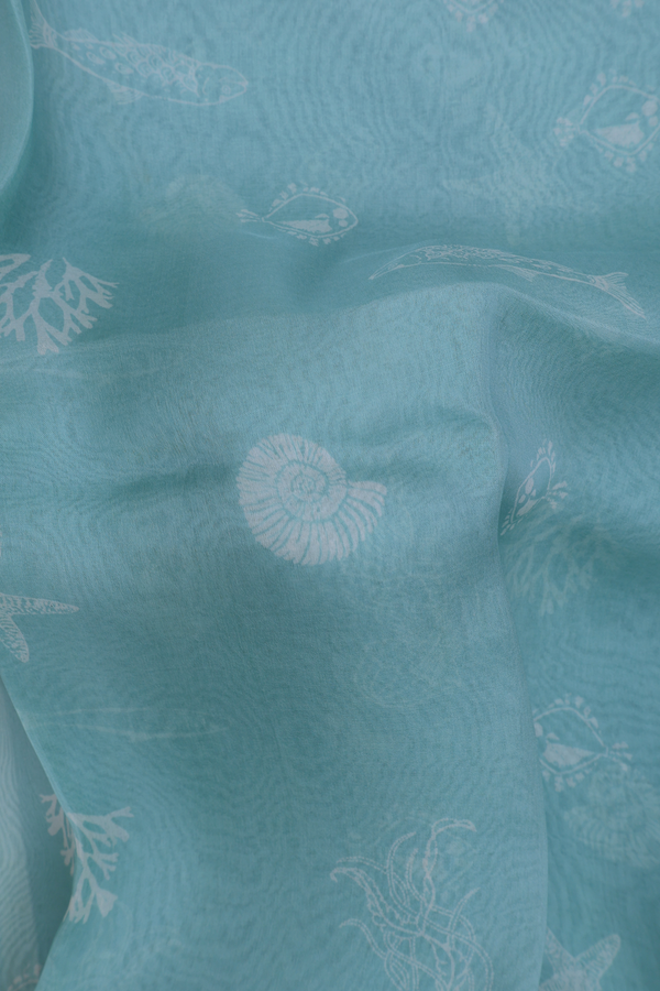 Organza Silk Saree In Turkish Blue With Fish Design