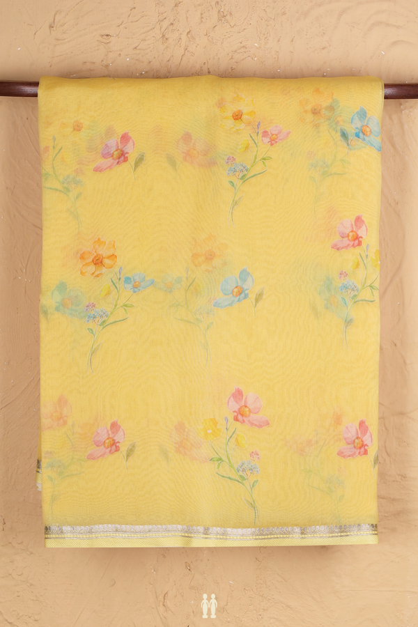 Organza Silk Saree In Yellow With Floral Printed Design