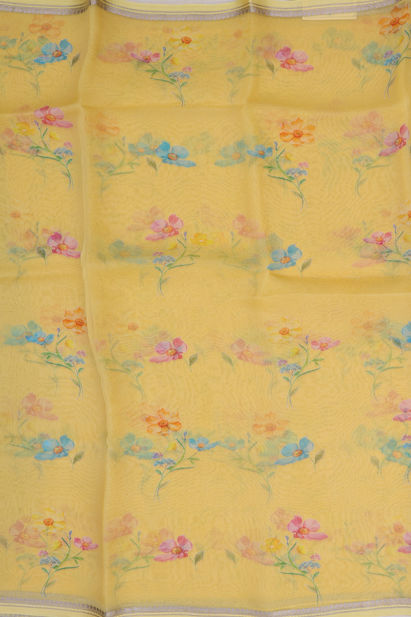 Organza Silk Saree In Yellow With Floral Printed Design