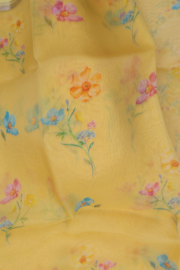 Organza Silk Saree In Yellow With Floral Printed Design