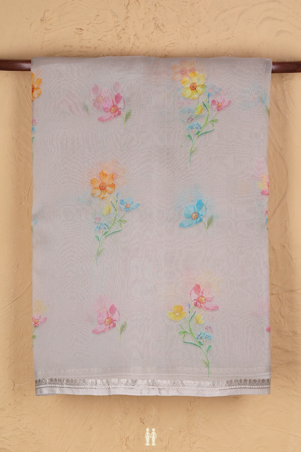 Organza Silk Saree In Grey With Floral Printed Design