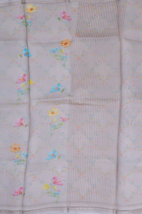 Organza Silk Saree In Grey With Floral Printed Design