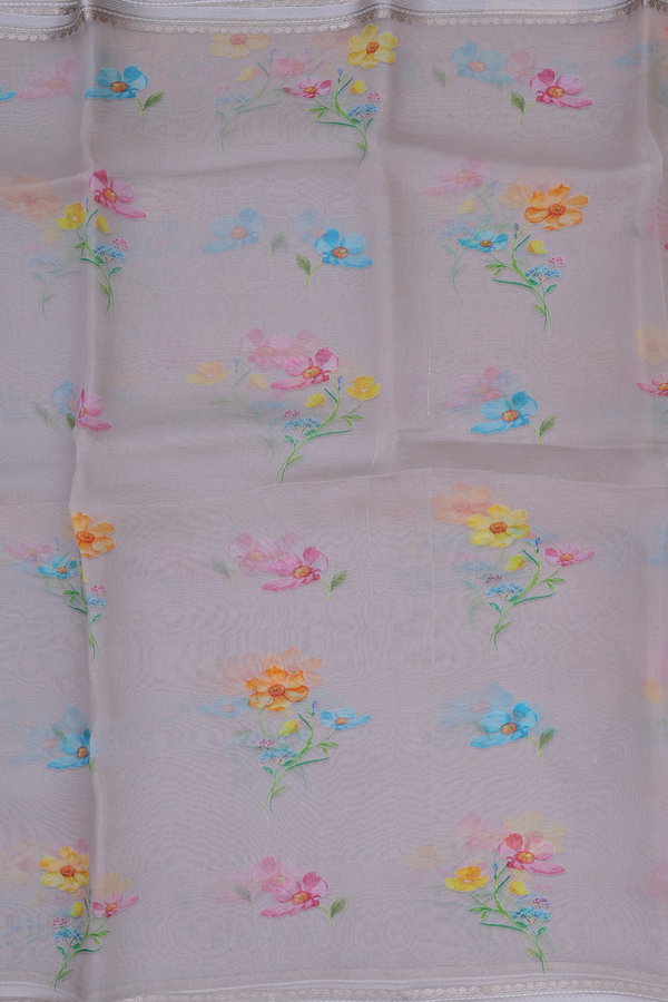 Organza Silk Saree In Grey With Floral Printed Design