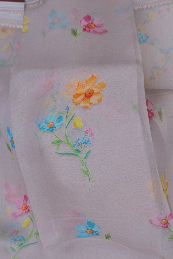 Organza Silk Saree In Grey With Floral Printed Design