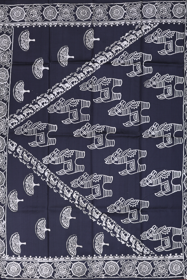 Printed Silk Saree In Black With Horse Design