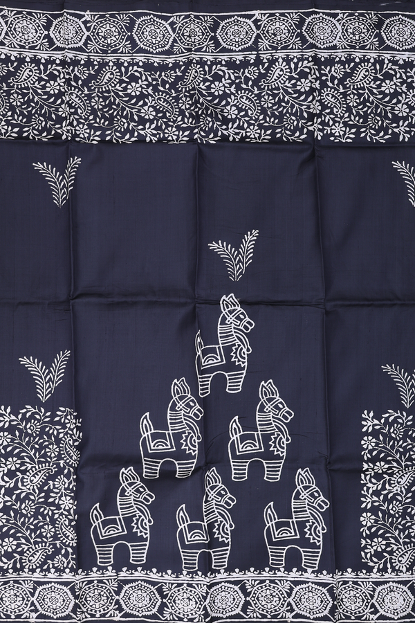 Printed Silk Saree In Black With Horse Design