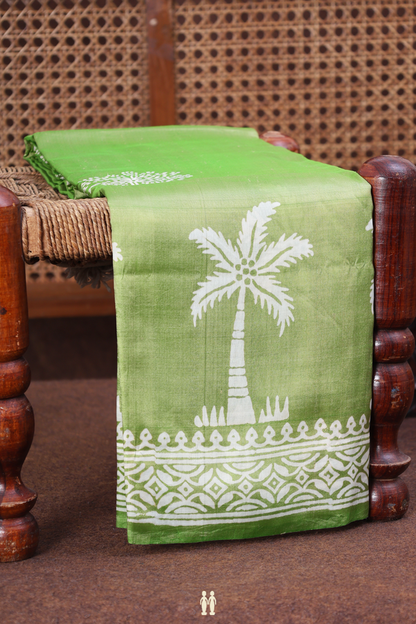 Printed Silk Saree In Moss Green With Tree Motifs