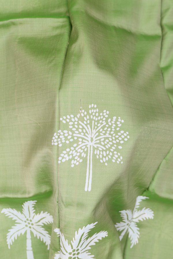 Printed Silk Saree In Moss Green With Tree Motifs