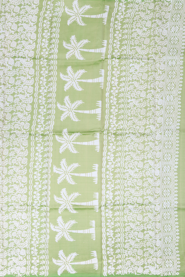 Printed Silk Saree In Moss Green With Tree Motifs