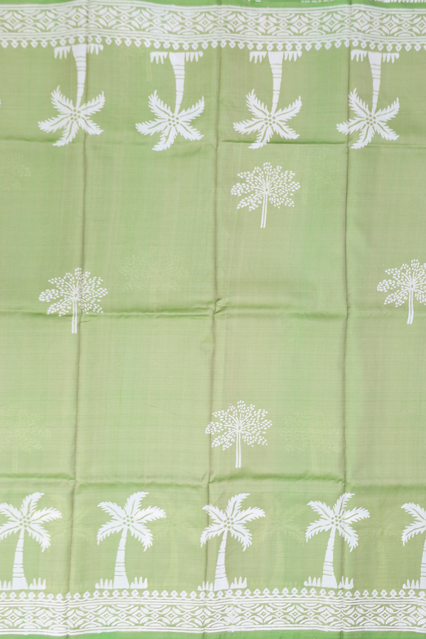 Printed Silk Saree In Moss Green With Tree Motifs