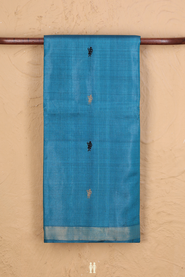 Jute Saree In Blue With Warli Threadwork Buttas