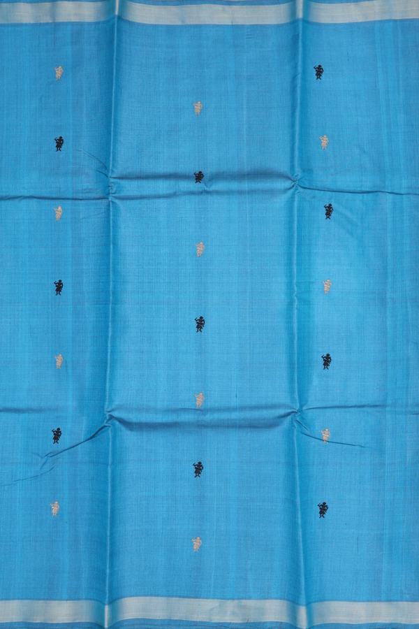 Jute Saree In Blue With Warli Threadwork Buttas