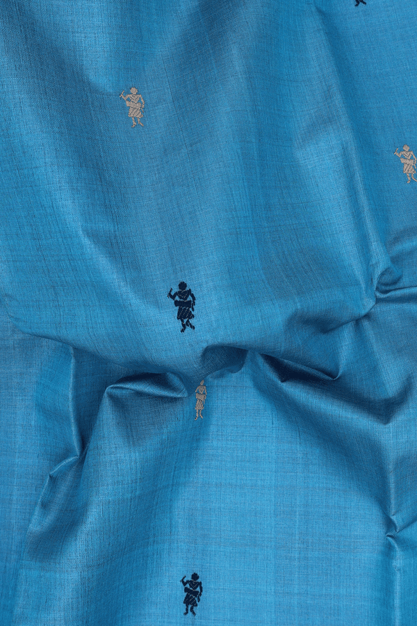 Jute Saree In Blue With Warli Threadwork Buttas