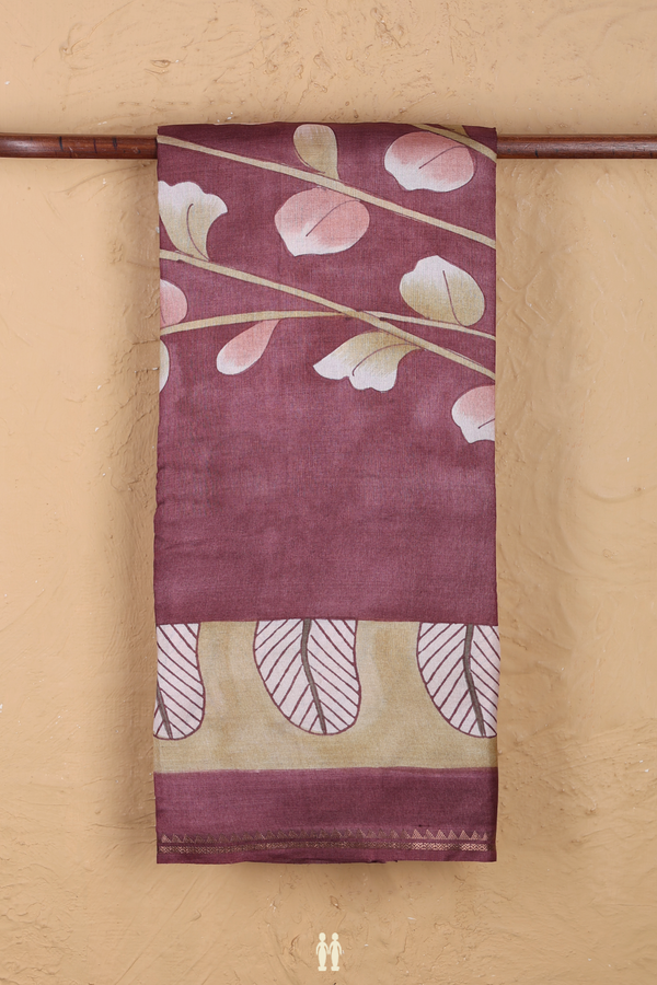 Tussar Silk Saree In Plum Brown With Floral Design