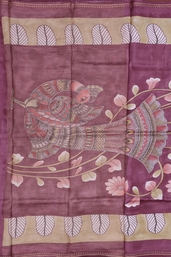 Tussar Silk Saree In Plum Brown With Floral Design