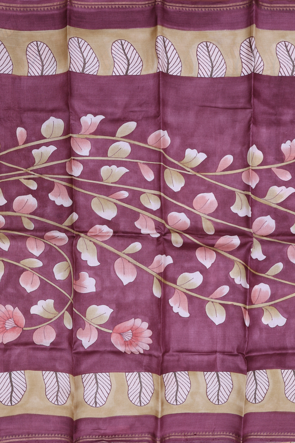 Tussar Silk Saree In Plum Brown With Floral Design