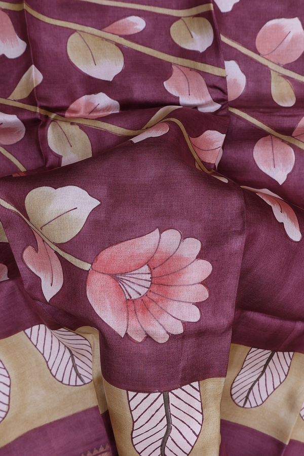 Tussar Silk Saree In Plum Brown With Floral Design