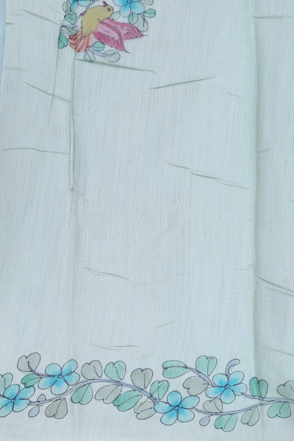 Chiffon Saree In Pastel Blue With Birds Hand Painted Design