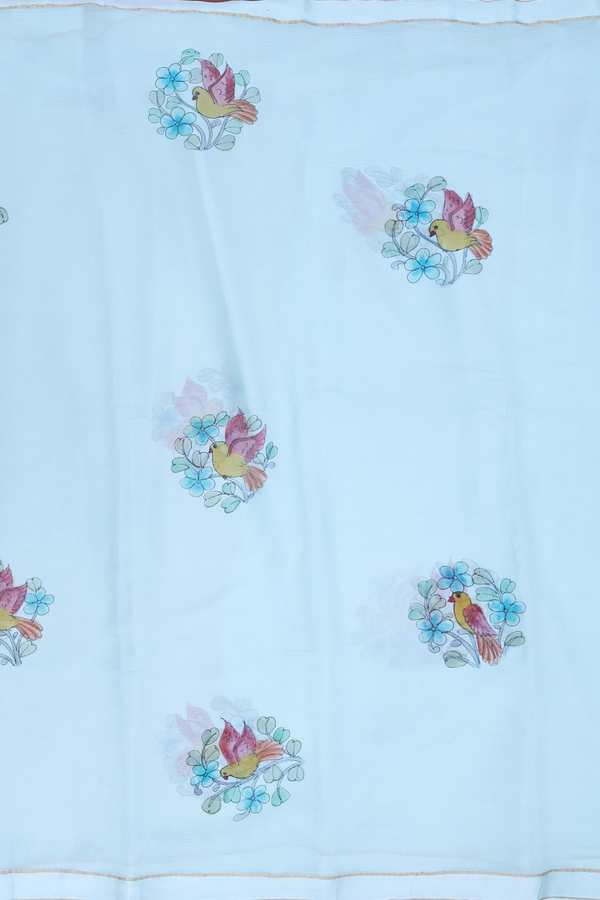 Chiffon Saree In Pastel Blue With Birds Hand Painted Design