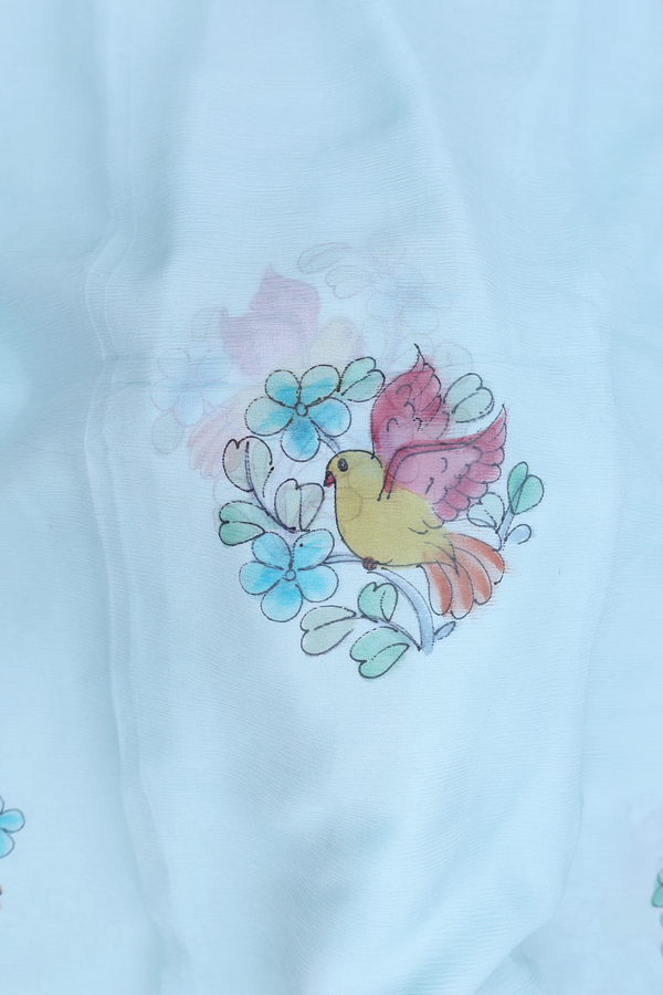 Chiffon Saree In Pastel Blue With Birds Hand Painted Design