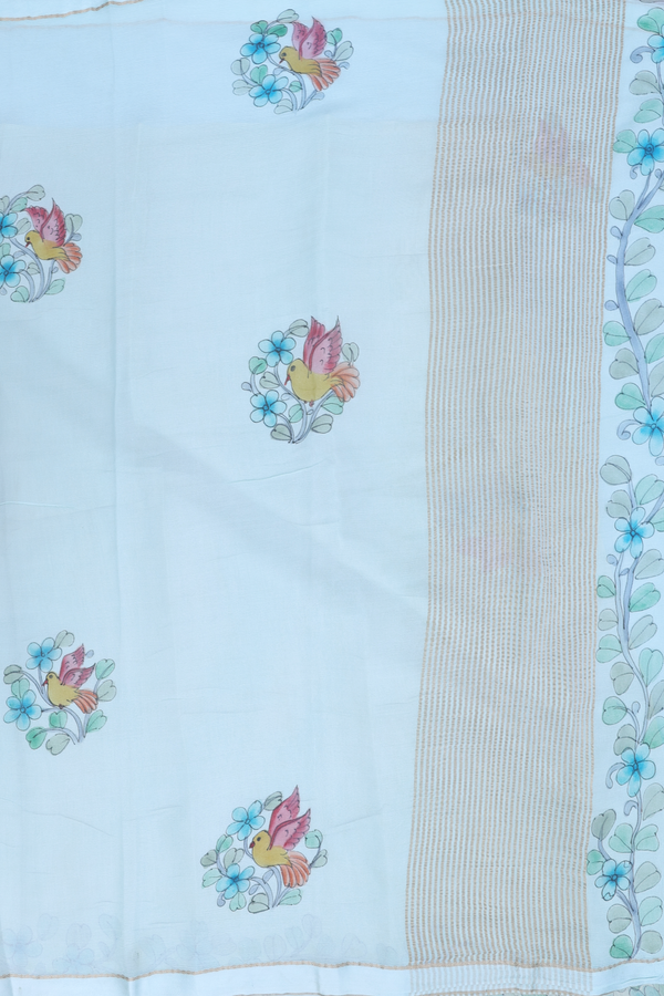 Chiffon Saree In Pastel Blue With Birds Hand Painted Design