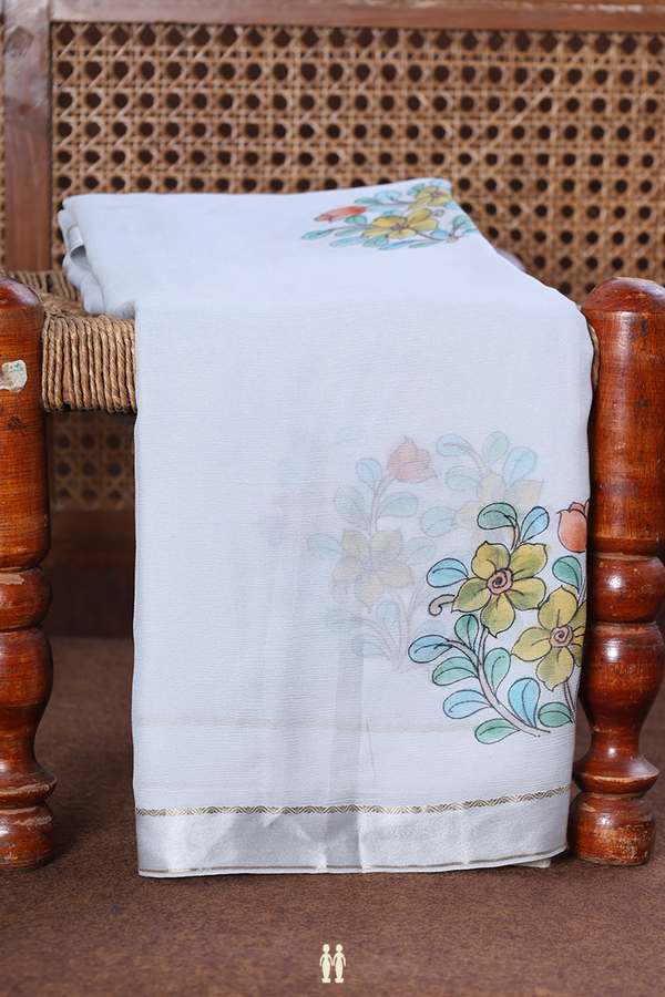 Chiffon Saree In Grey With Floral Hand Painted Design