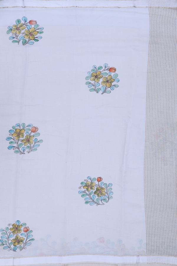 Chiffon Saree In Grey With Floral Hand Painted Design