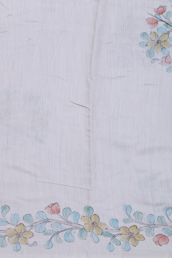 Chiffon Saree In Grey With Floral Hand Painted Design