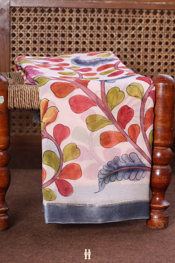 Chiffon Saree In Pale Pink With Floral Handpainted Design