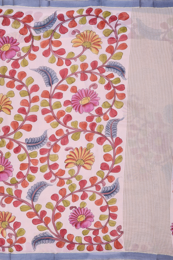 Chiffon Saree In Pale Pink With Floral Handpainted Design