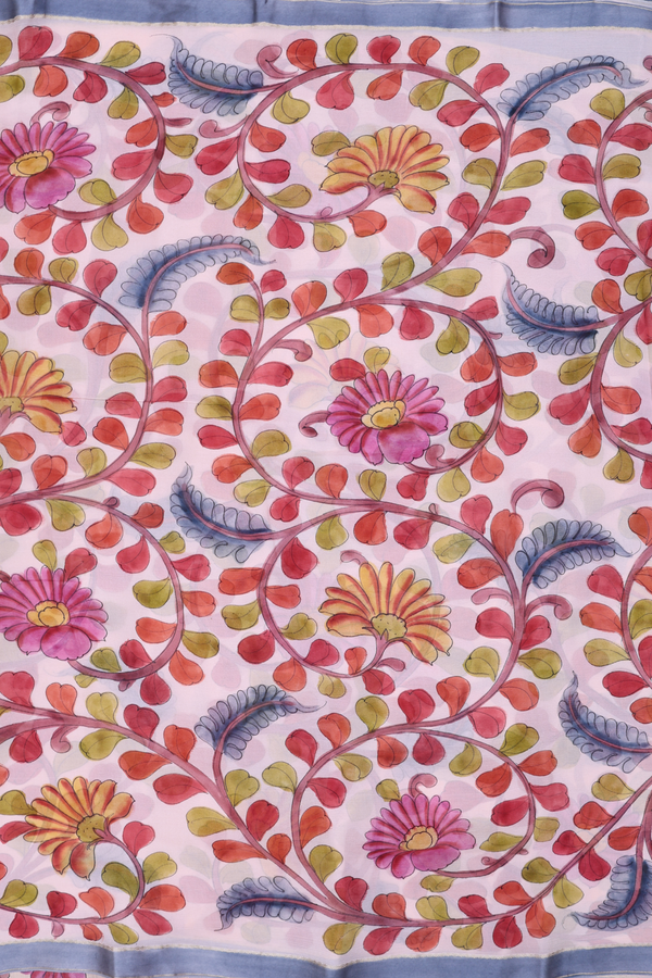 Chiffon Saree In Pale Pink With Floral Handpainted Design