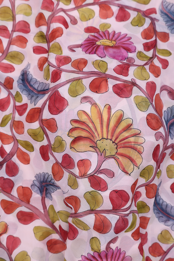 Chiffon Saree In Pale Pink With Floral Handpainted Design