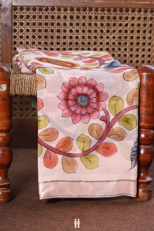 Chiffon Saree In Pale Pink With Floral Hand Painted Design