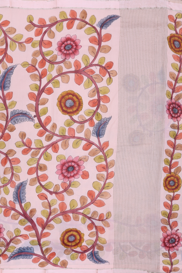 Chiffon Saree In Pale Pink With Floral Hand Painted Design